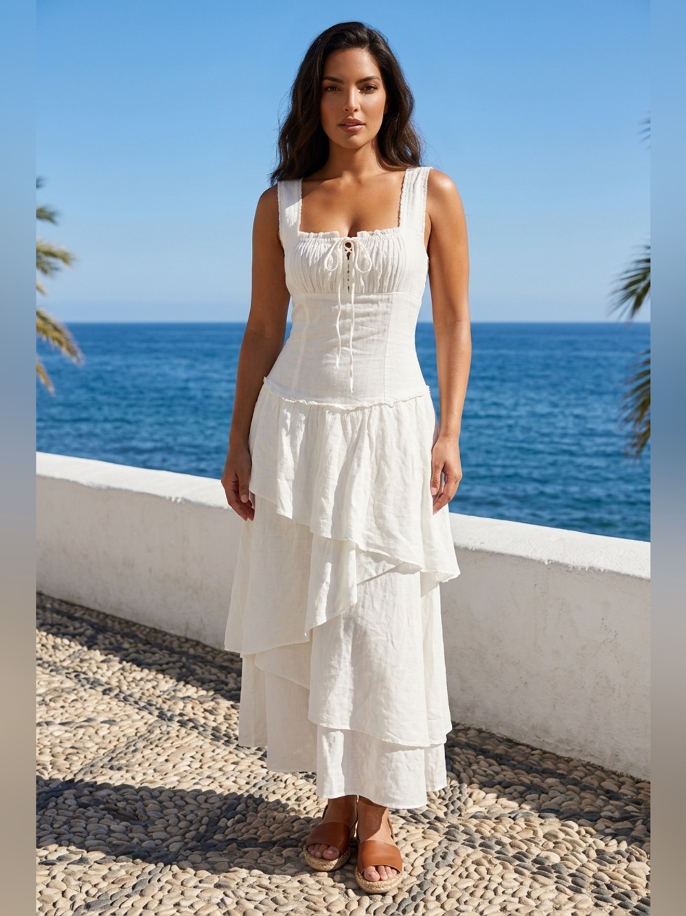 Free People NWT In my Dreams Ivory Tiered Lace-Up Maxi Dress - Picture 1 of 12